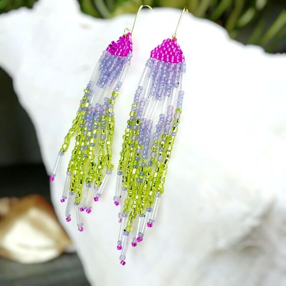 Boho Chic Seed Bead Fringe Tassel Dangle Earrings, Statement Artisan 3.5" - Picture 4 of 12